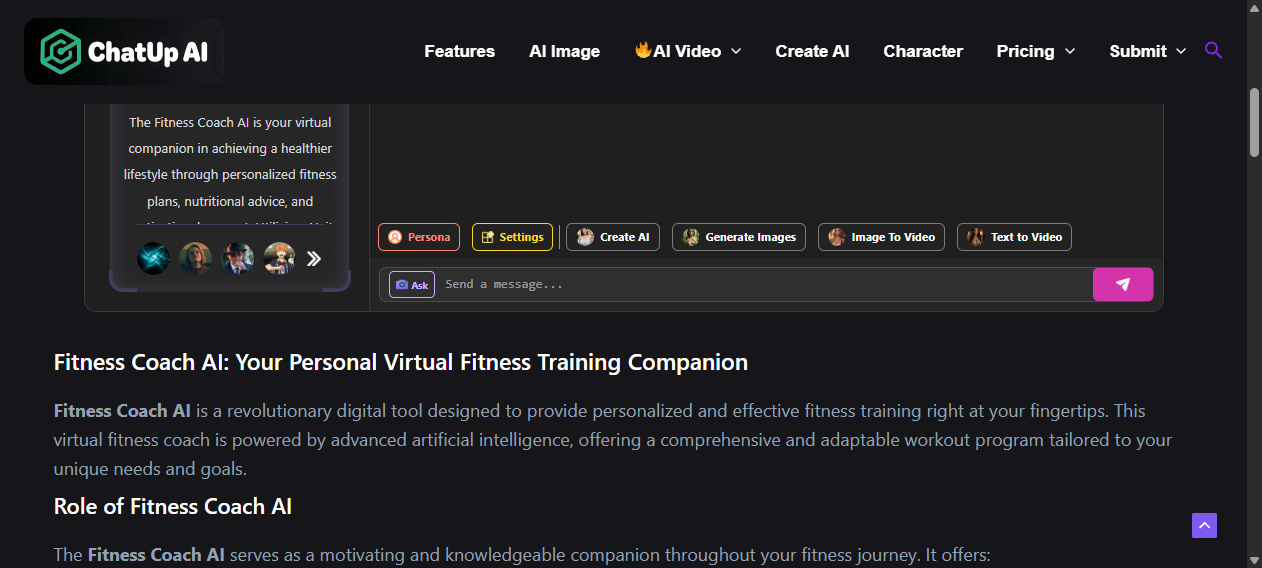 Fitness Coach AI public ChatUp AI interface view